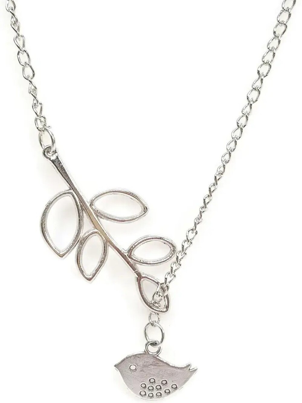 18" Cable-Chain Lariat Leaves & Small Sparrow Bird Necklace Lobster